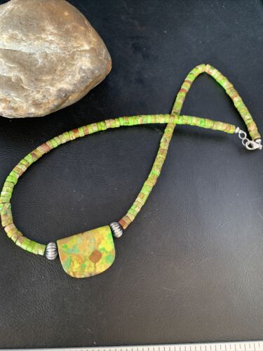 Navajo Green Gaspeite Turquoise Pendant | Sterling Silver | Authentic Native American Handmade | 13772