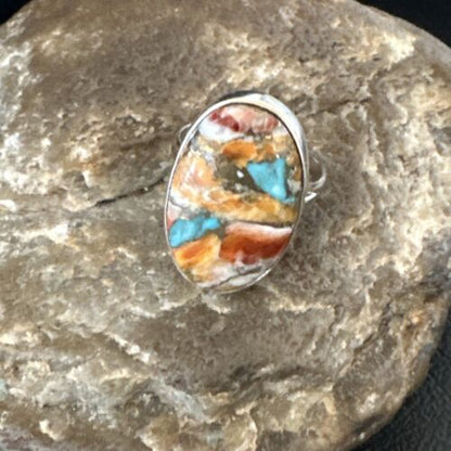 Navajo Turquoise Spiny Oyster Ring | Sterling Silver | Sz 8 | Authentic Native American Handmade | 16613