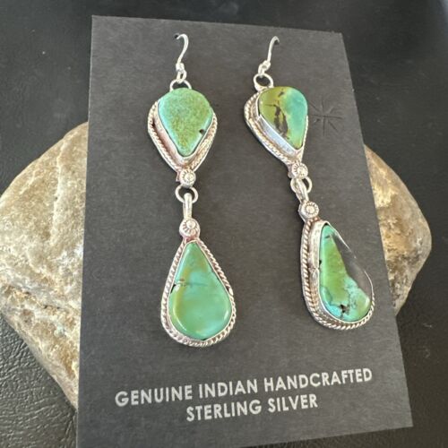 Navajo Green Royston Turquoise Dangle Earrings | Sterling Silver | Authentic Native American Handmade | 17140