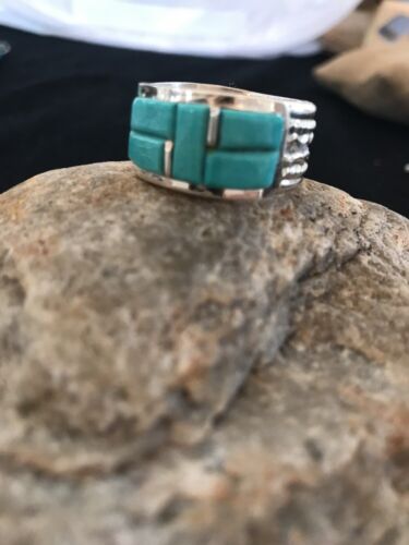 Navajo Turquoise Inlay Thumb Ring | Sterling Silver | Sz 14 | Authentic Native American Handmade | 03843