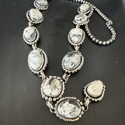 Navajo White Buffalo Turquoise Lariat Necklace | Sterling Silver | Authentic Native American Handmade | 17444