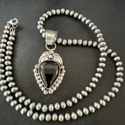 Navajo Pearls Black Onyx Necklace Pendant | Sterling Silver | Authentic Native American Handmade | 16529