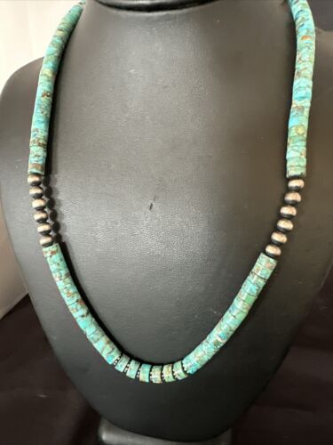 Navajo Blue Turquoise Heishi Bead Necklace | Sterling Silver | 21" | Authentic Native American Handmade | 17257