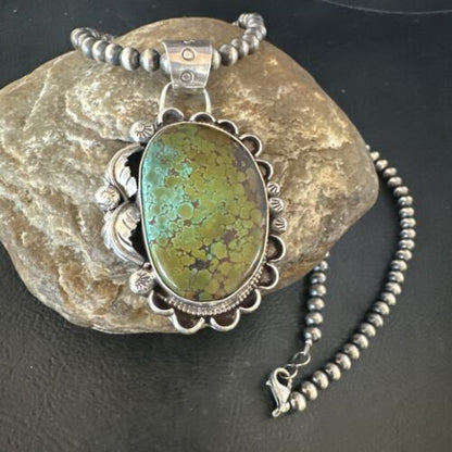 Navajo Green Turquoise Pendant Necklace | Sterling Silver | Authentic Native American Handmade | 15040