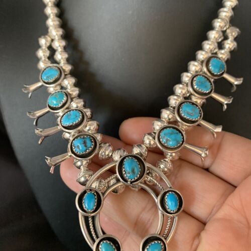 Navajo Kingman Turquoise Squash Blossom Necklace | Sterling Silver | Authentic Native American Handmade | 13678