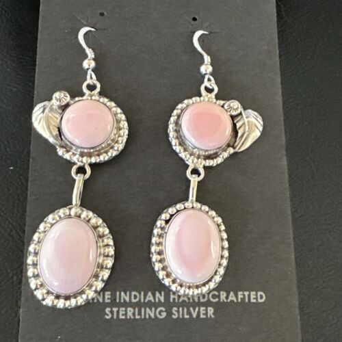 Navajo Pink Conch Shell Dangle Earrings | Sterling Silver | Authentic Native American Handmade | 17192