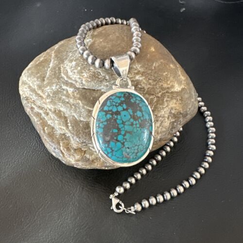 Men's Navajo Blue Spiderweb Turquoise Pendant Necklace | Sterling Silver | Authentic Native American Handmade | 16196