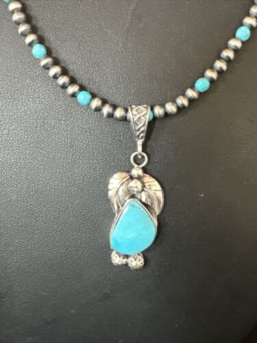 Navajo Pearls Kingman Turquoise Pendant Necklace | Sterling Silver | Authentic Native American Handmade | 14888