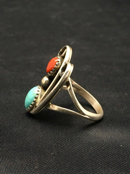 Navajo Blue Turquoise Coral Ring | Authentic Native American Sterling Silver | Multi-Stone | Sz 7 | 2807