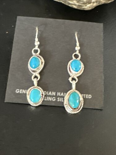 Kingman Turquoise Dangle Earrings | Navajo Handmade | Sterling Silver | Authentic Native American | 14868