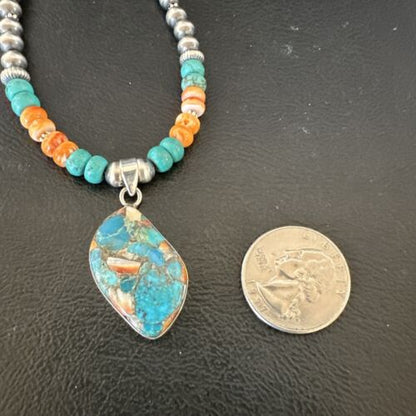 Navajo Spiny Turquoise Pendant Necklace | Sterling Silver | 22" | Authentic Native American Handmade | 17415