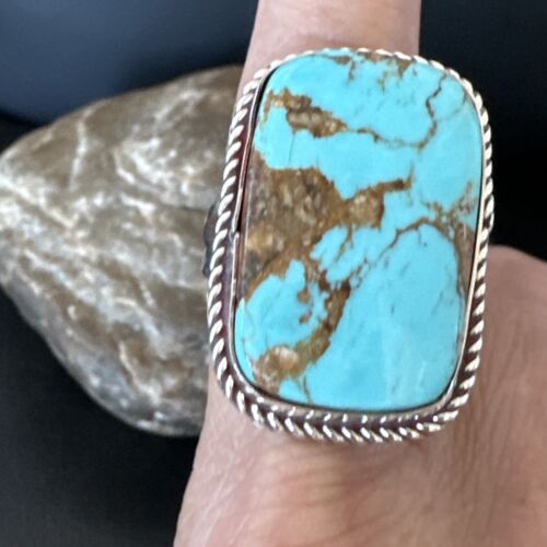 Men's Blue Turquoise #8 Navajo Ring | Sterling Silver | Sz 10.5 | Authentic Native American Handmade | 16636