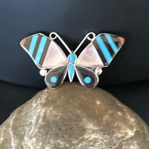 Zuni Butterfly Turquoise Mother of Pearl Onyx Inlay Pin Pendant | Sterling Silver | 15151