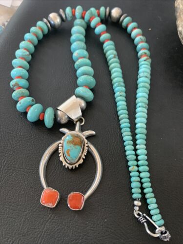 Navajo Blue Turquoise Coral Naja Pendant Necklace | Sterling Silver | Authentic Native American Handmade | 02082