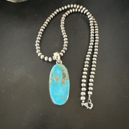 Navajo Blue Kingman Turquoise Pendant Necklace | Sterling Silver | 20" | Authentic Native American Handmade | 16693