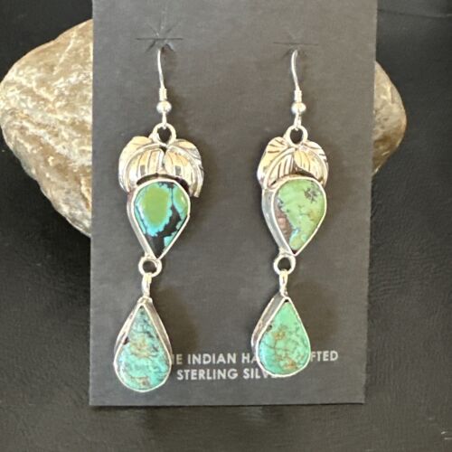 Navajo Green Royston Turquoise Dangle Earrings | Sterling Silver | Authentic Native American Handmade | 16451