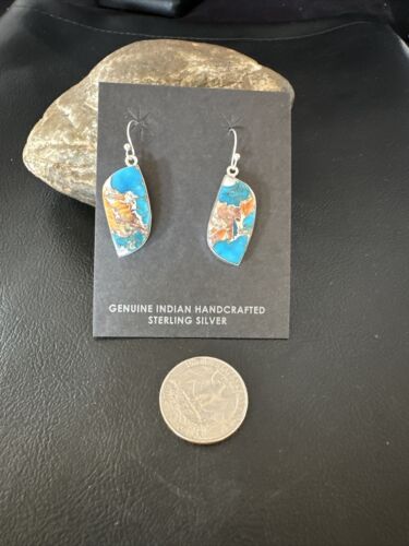 Navajo Blue Turquoise & Orange Spiny Oyster Inlay Dangle Earrings | Sterling Silver | 15585