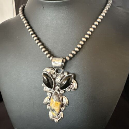 Men's Navajo Pearls Onyx Bumblebee Jasper Pendant | Sterling Silver | Multi-Stone Necklace | 15415