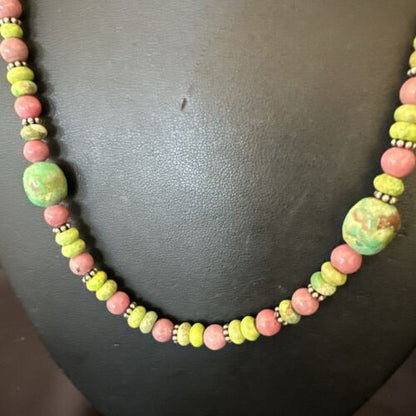 Navajo Green Turquoise Rhodochrosite Necklace | Sterling Silver | Authentic Native American Handmade | 20" | 17492