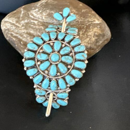 Navajo Blue Turquoise Multi-Stone Hair Barrette | Sterling Silver | 3" | Authentic Native American Handmade | 15206