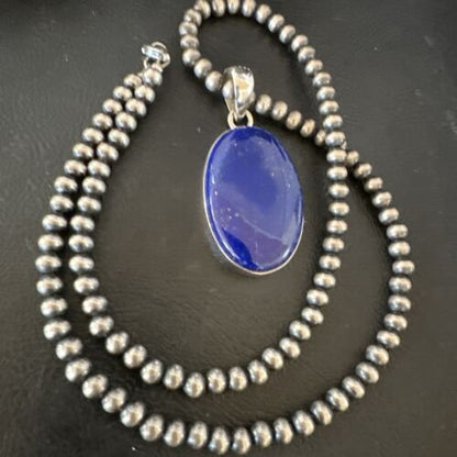 Navajo Blue Lapis Pendant with Pearls | Sterling Silver Necklace | 20" | Authentic Native American Handmade | 16661