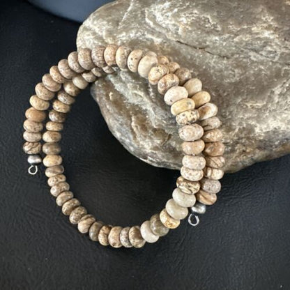 Navajo Brown Picture Jasper Bead Bracelet | 6mm | Sterling Silver | Authentic Native American Handmade | 15244 - Masha USA