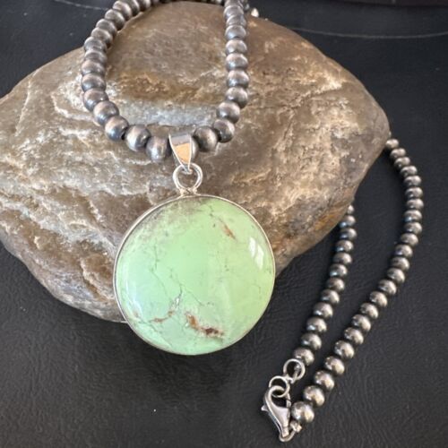 Navajo Green Gaspeite Pendant Necklace | Sterling Silver | Authentic Native American Handmade | 15491