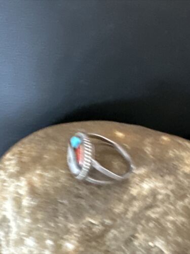 Zuni Pinky Coral Turquoise Onyx Mother of Pearl Inlay Ring | Sz 3 | Sterling Silver | 14918