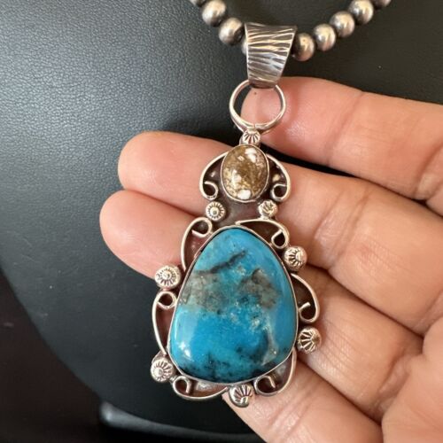 Navajo Blue Kingman Turquoise Wild Horse Necklace Pendant | Sterling Silver | Authentic Native American Handmade | 17221