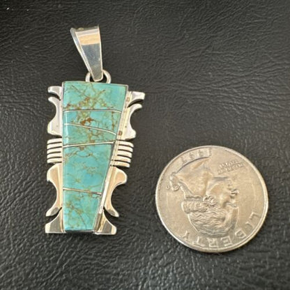 Navajo Blue #8 Turquoise Inlay Pendant | Sterling Silver | 2" | Authentic Native American Handmade | 15685