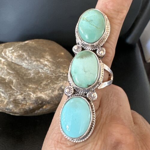Navajo Blue Dry Creek Turquoise Multi-Stone Ring | Authentic Native American Sterling Silver | Sz 10.5 | 16730