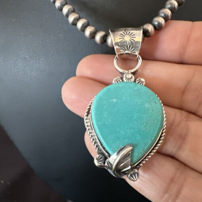 Women's Blue Turquoise Pendant Necklace | Navajo Pearls | Sterling Silver | Authentic Native American Handmade | 15658