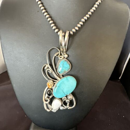 Navajo White Buffalo Kingman Turquoise Sterling Silver Pendant Necklace | 21" | Handmade 15949