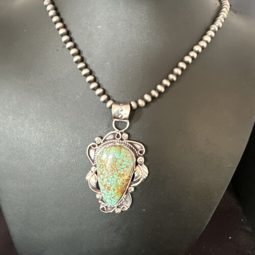 Navajo Blue Turquoise #8 Pendant | Sterling Silver Pearls Necklace | Authentic Native American Handmade | 15902