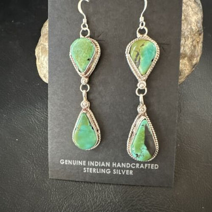 Navajo Green Royston Turquoise Dangle Earrings | Sterling Silver | Authentic Native American Handmade | 17140