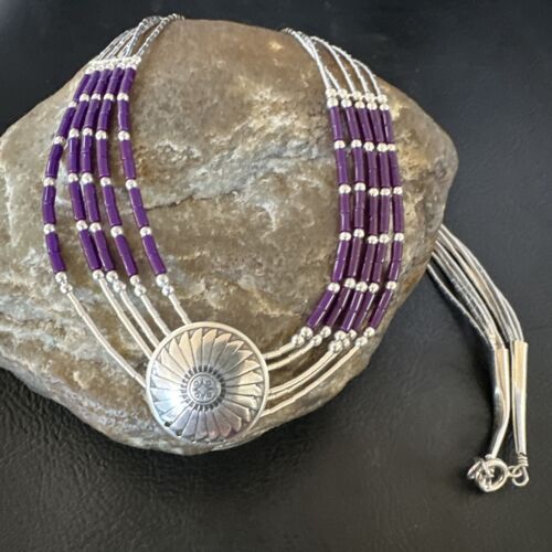 Navajo Purple Sugilite Heishi Concha Necklace | 5 Strand Liquid Sterling Silver | 20" | 15877