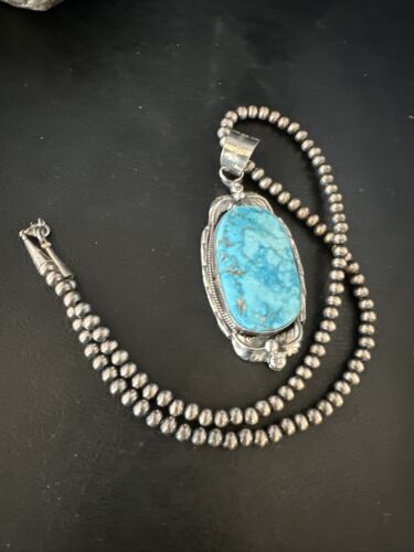 Navajo Blue Kingman Turquoise Pendant Necklace | Sterling Silver | Authentic Native American Handmade | 14861
