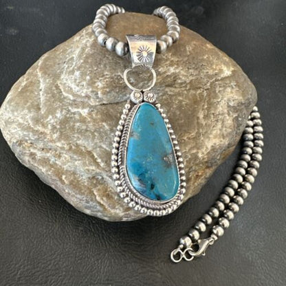Navajo Pearls Kingman Turquoise Pendant Necklace | Sterling Silver | Authentic Native American Handmade | 17129