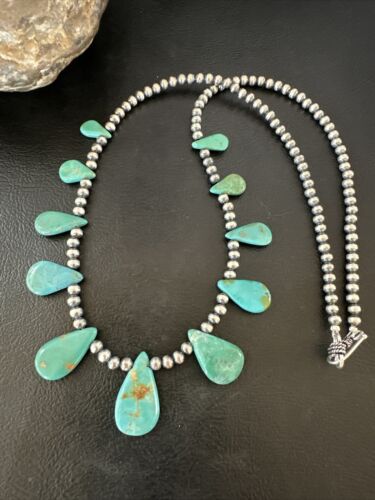 Southwestern Navajo Pearls Necklace | Sterling Silver | Green Turquoise Teardrop | 15762