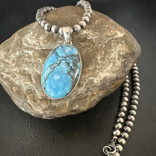 Navajo Blue Spiderweb Turquoise Pendant Necklace | Sterling Silver | Authentic Native American Handmade | 17024