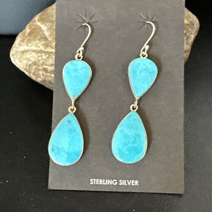 Navajo Blue Kingman Turquoise Dangle Earrings | Sterling Silver | Authentic Native American Handmade | 15122
