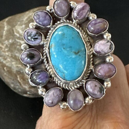 Navajo Kingman Turquoise Charoite Ring | Authentic Native American Sterling Silver | Multi-Stone | Sz 10.5 | 17180