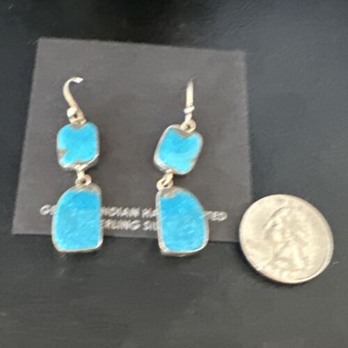 Navajo Blue Kingman Turquoise Dangle Earrings | Sterling Silver | Authentic Native American Handmade | 15111