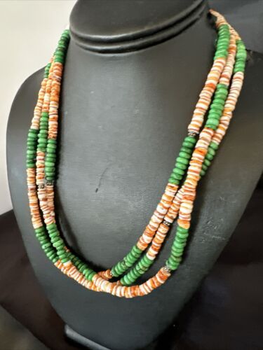 Navajo Green Turquoise Spiny Oyster Necklace | Sterling Silver | Authentic Native American Handmade | 17534