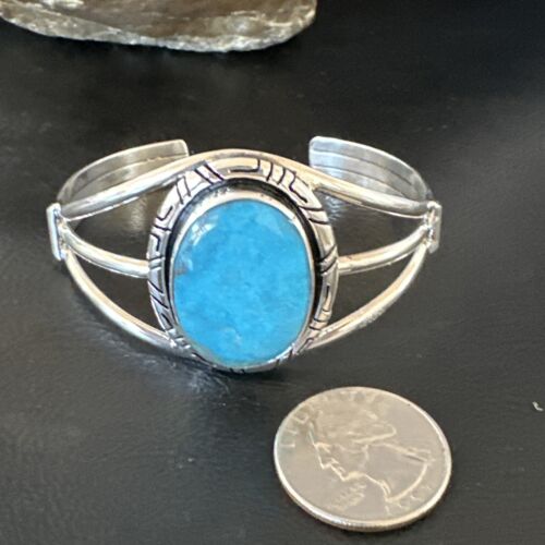 Navajo Blue Kingman Turquoise Cuff Bracelet | Sterling Silver | Authentic Native American Handmade | 16247