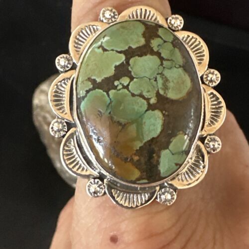 Navajo Green Spiderweb Turquoise Ring | Sterling Silver | Sz 10.5 | Authentic Native American Handmade | 15503
