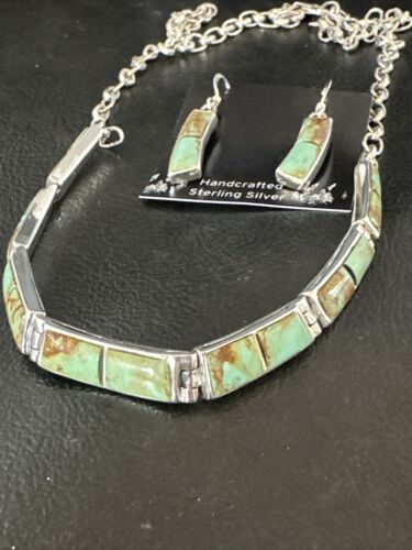 Navajo Choker Necklace with Blue #8 Turquoise Inlay | Sterling Silver Earrings Set | Native American Handmade | 16265