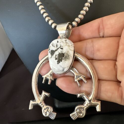 Navajo White Buffalo Turquoise Naja Pendant Necklace | Sterling Silver | Authentic Native American Handmade | 17122
