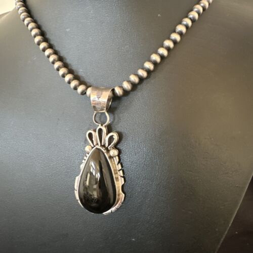 Men's Navajo Pearls Black Onyx Necklace Pendant | Sterling Silver | Authentic Native American Handmade | 16530