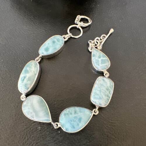 Navajo Blue Larimar Bracelet | Sterling Silver Link | 8" | Authentic Native American Handmade | 16075